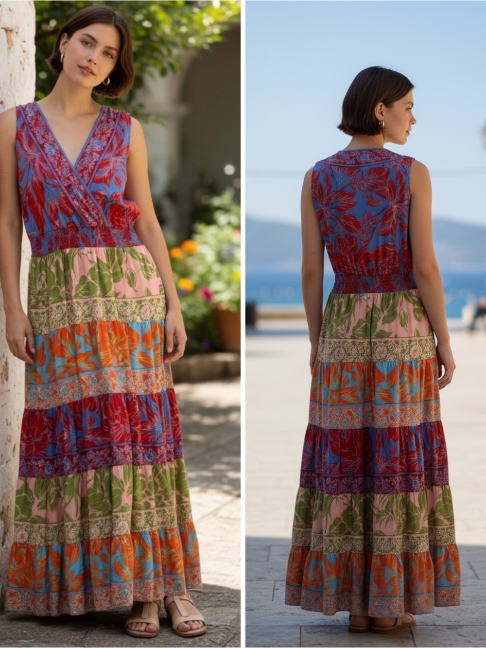 NWT Sam & Jess Serene Sky Floral Maxi Dress Boho Tiered Blue LP L